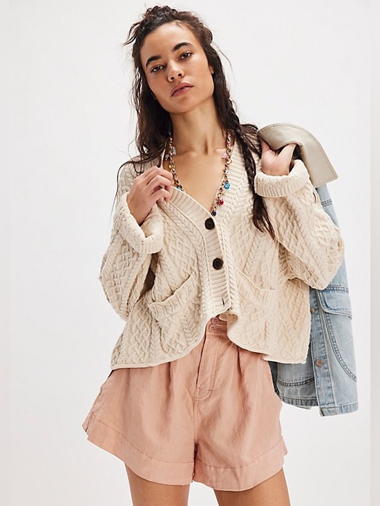 Free People Washed Ashore Cardi Large Knit Tea Beige Cream Oatmeal sz xs - Picture 3 of 10